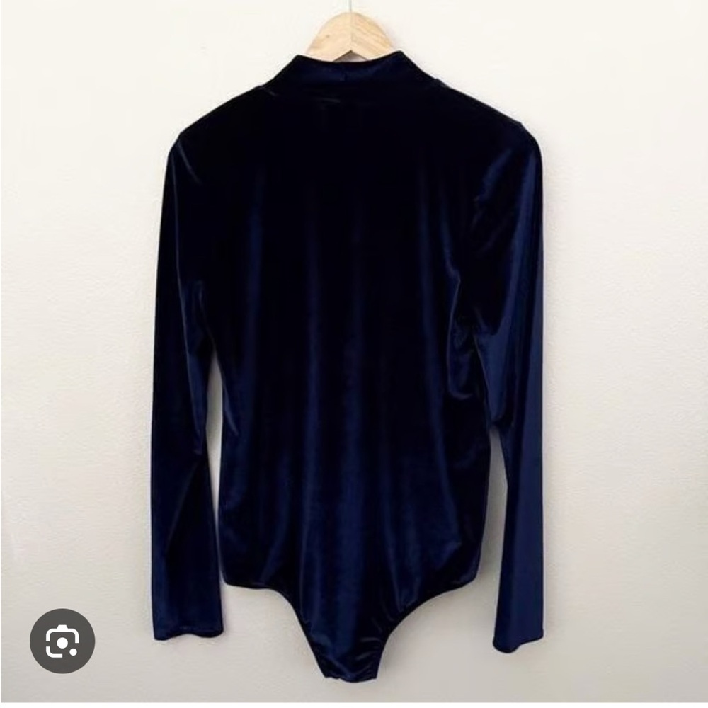 Dark Blue Velvet Turtleneck Long Sleeve Bodysuit - XS